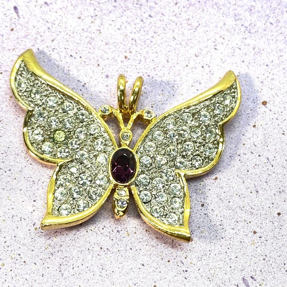 Vintage 1999 PS Co. Butterfly Crystal Rhinestone Gold Tone Amethyst Pendant - Picture 3 of 6